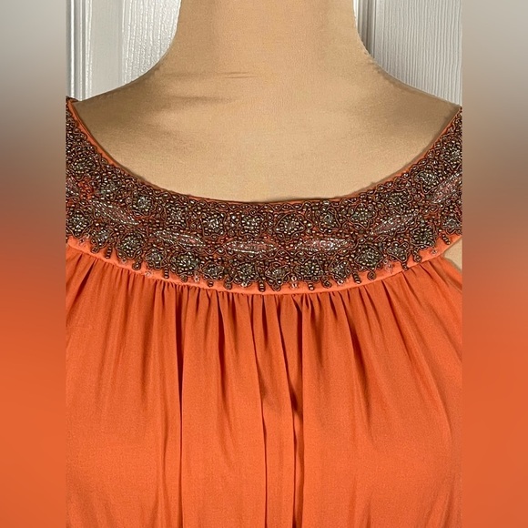 Alice + Olivia Mini Dress Orange Silk High Neck Beaded embroidered A-line Dress - Picture 6 of 8